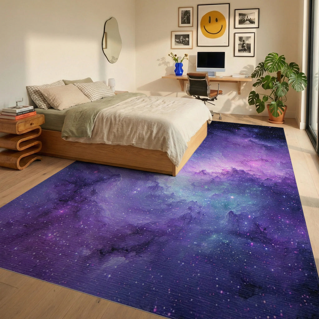Purple Nebula Starry Cosmic Rug - Bedroom View