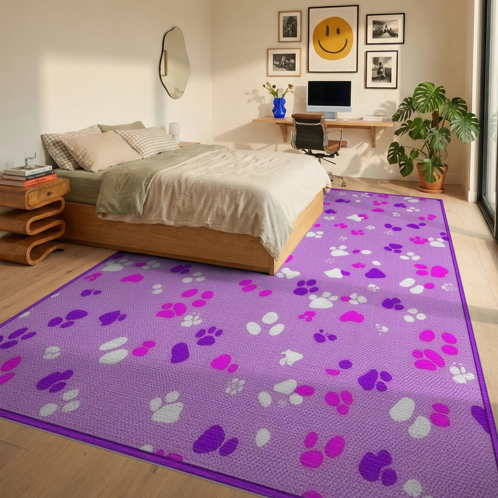 Purple Paw Prints Scatter Rug - Bedroom View