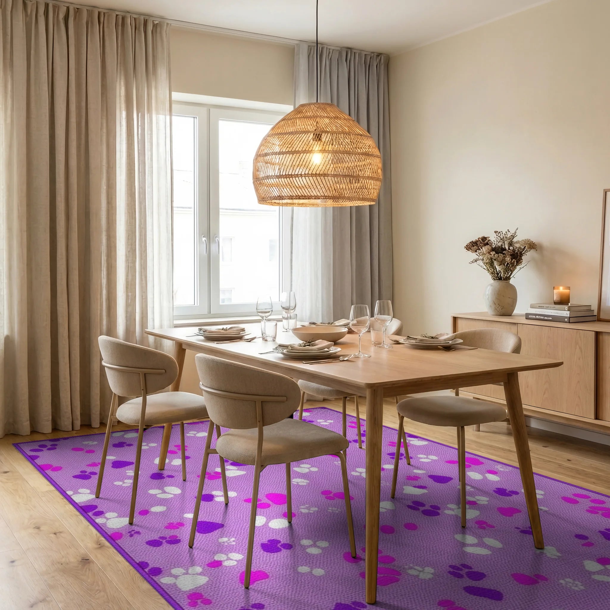 Purple Paw Prints Scatter Rug - Dining Room View