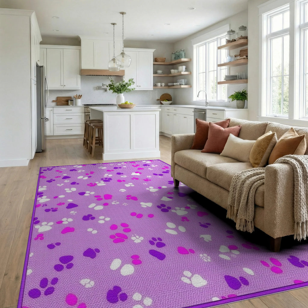 Purple Paw Prints Scatter Rug - Living Room View