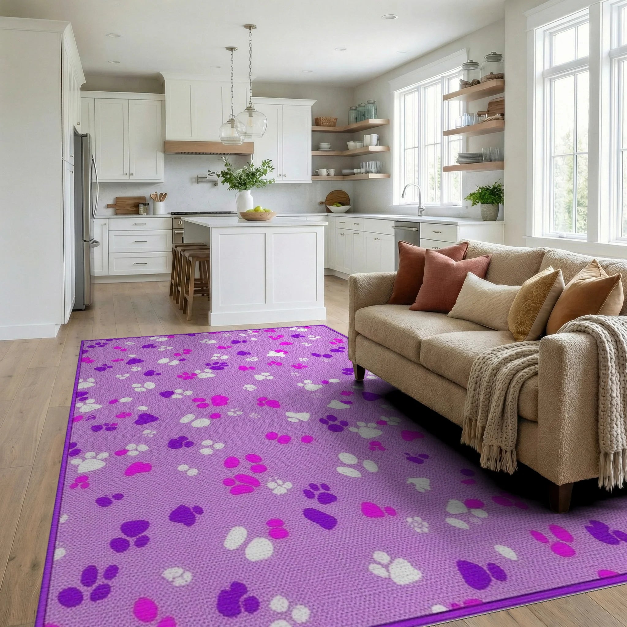 Purple Paw Prints Scatter Rug - Living Room View