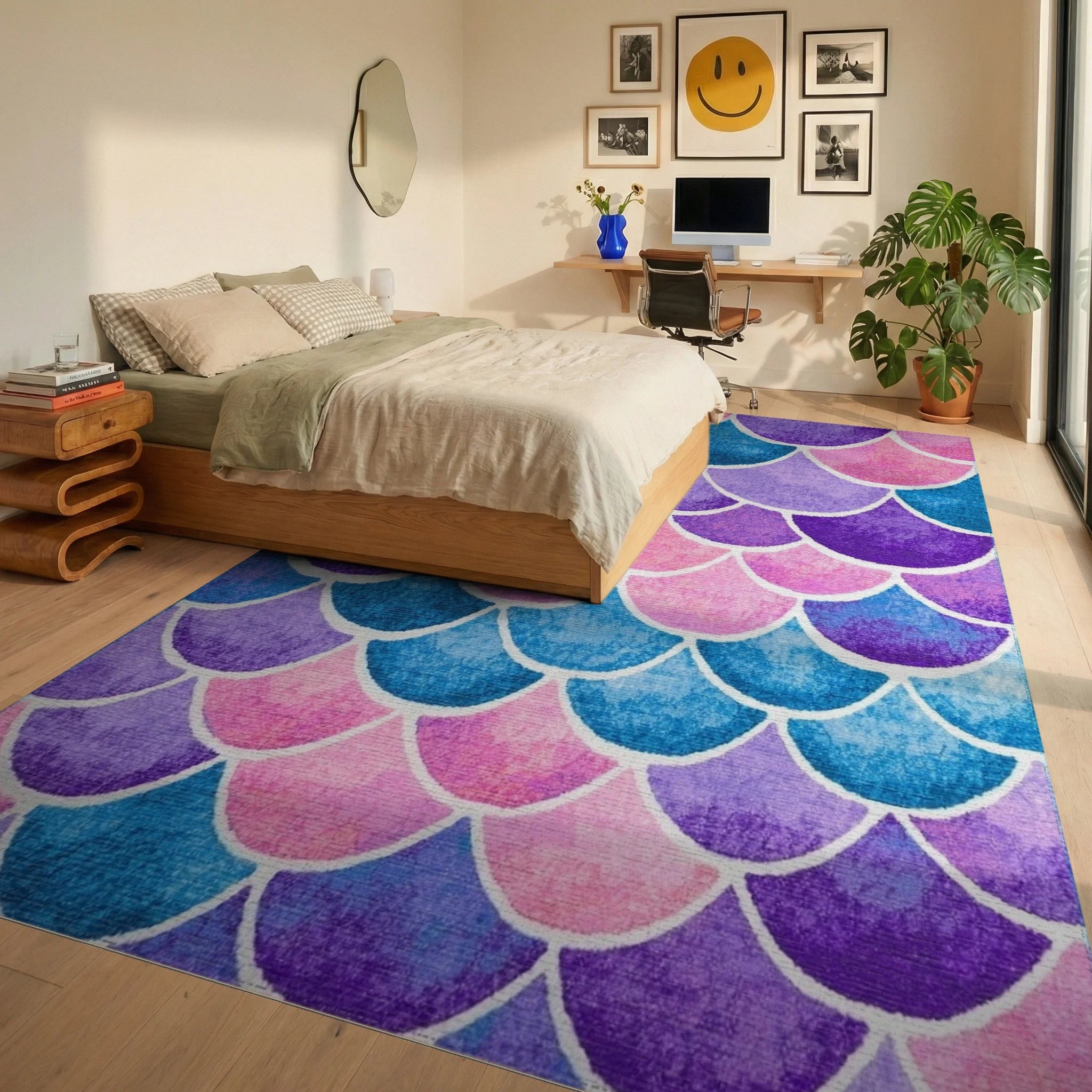 Purple Pink Blue Scallop Shell Rug - Bedroom View