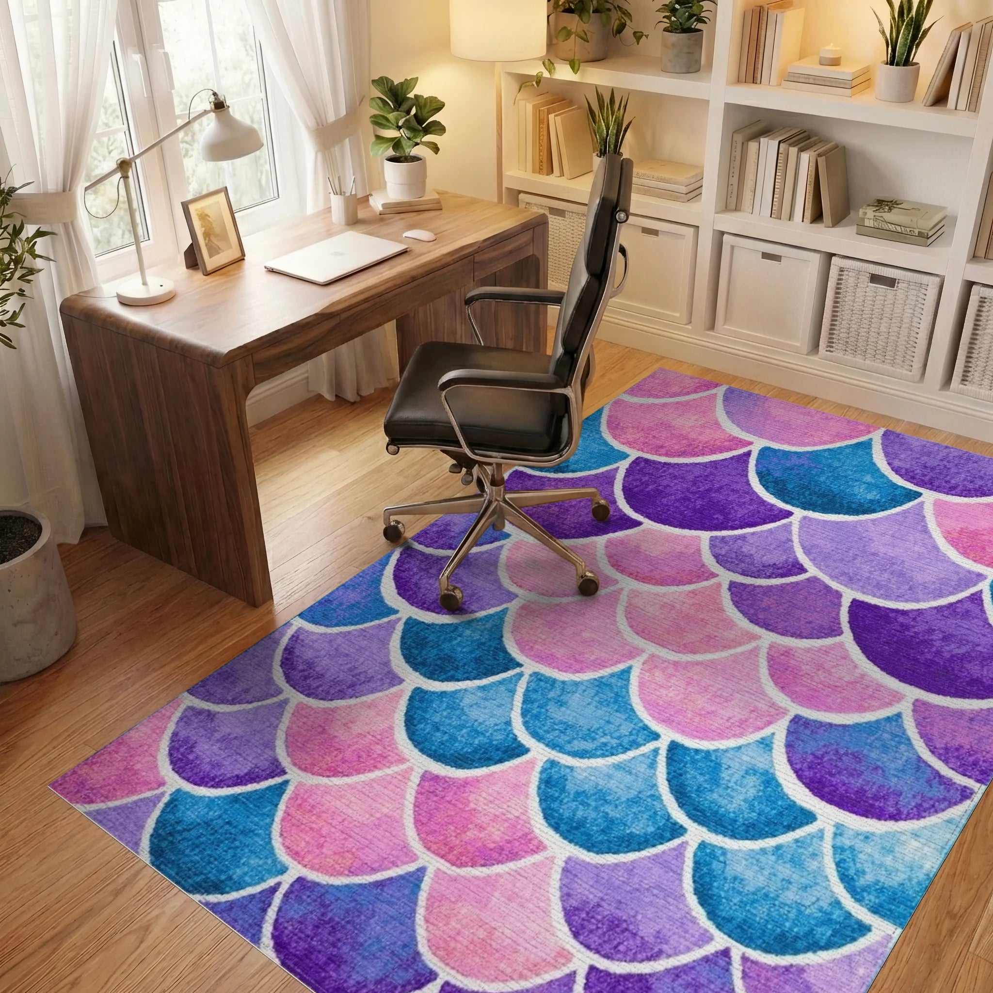 Purple Pink Blue Scallop Shell Rug - Office View
