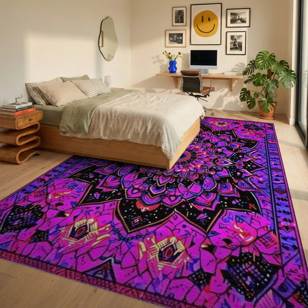 Purple Pink Psychedelic Mandala Rug - Bedroom View