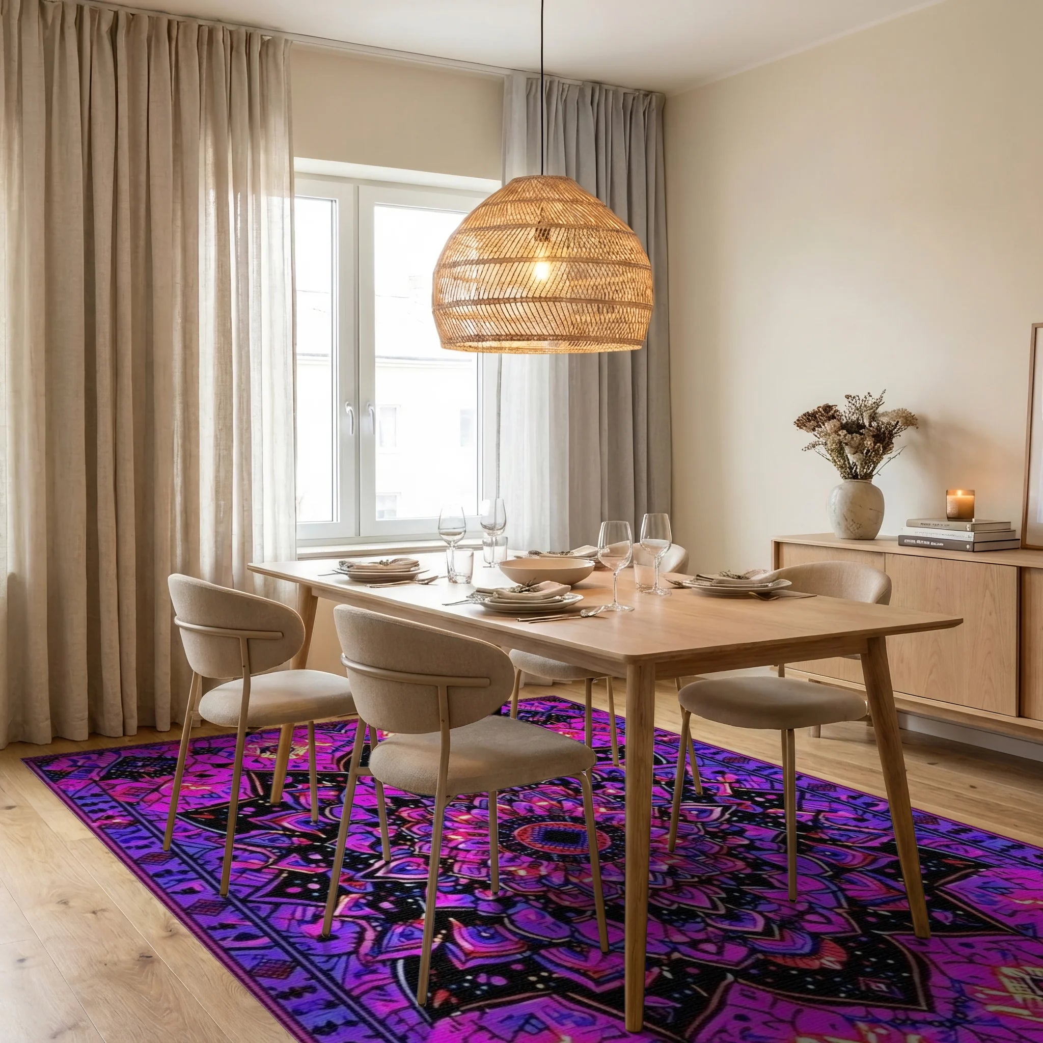 Purple Pink Psychedelic Mandala Rug - Dining Room View