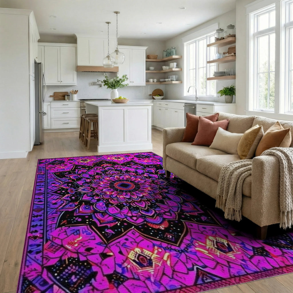 Purple Pink Psychedelic Mandala Rug - Living Room View