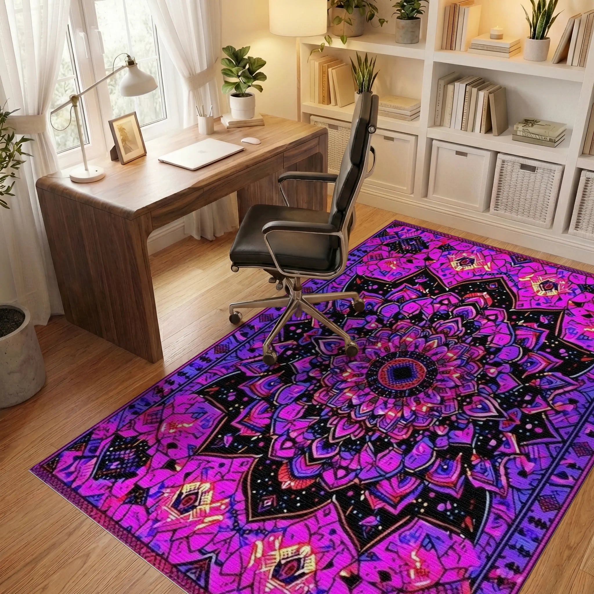 Purple Pink Psychedelic Mandala Rug - Office View