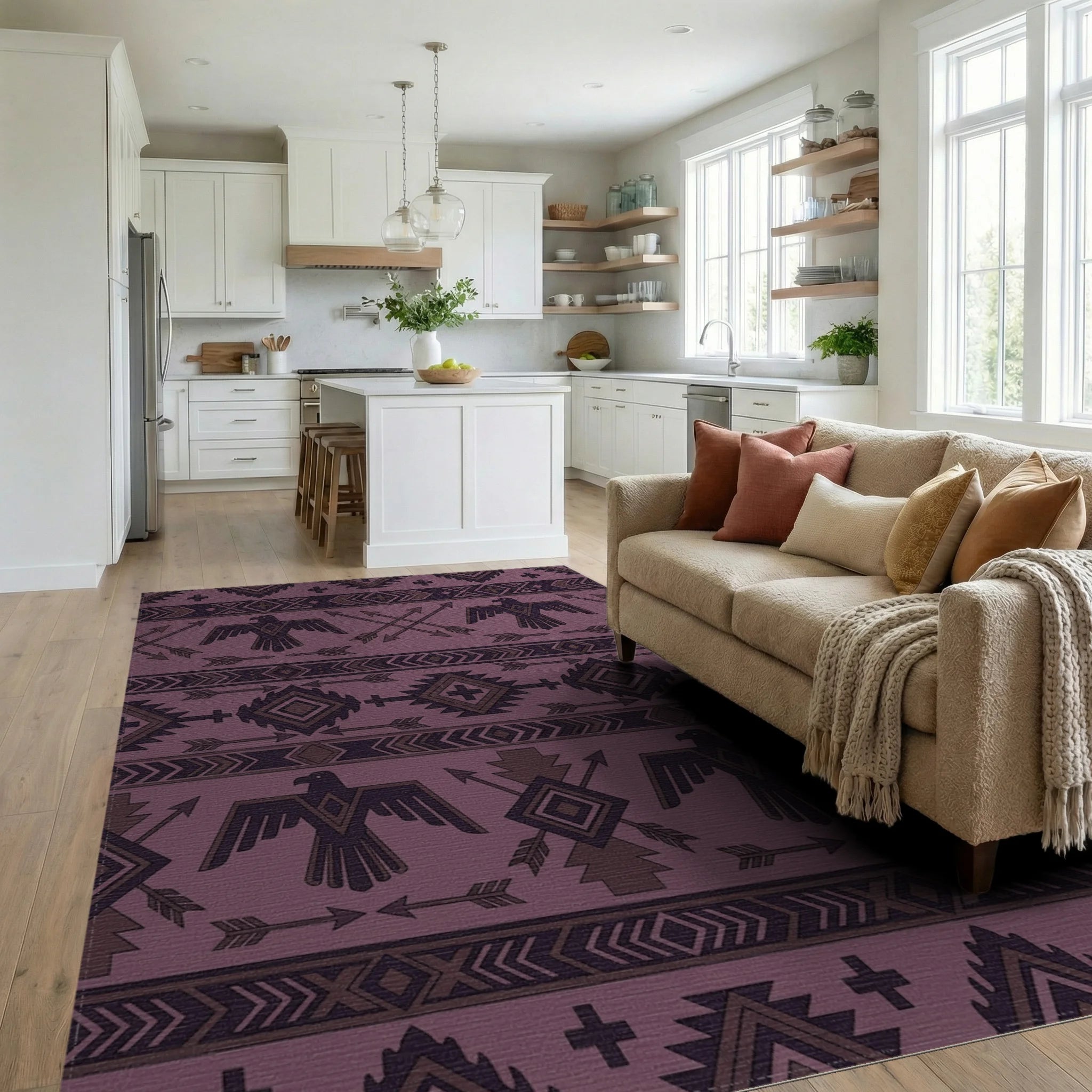 Purple Tribal Eagle Arrow Geometric Rug Living Room View