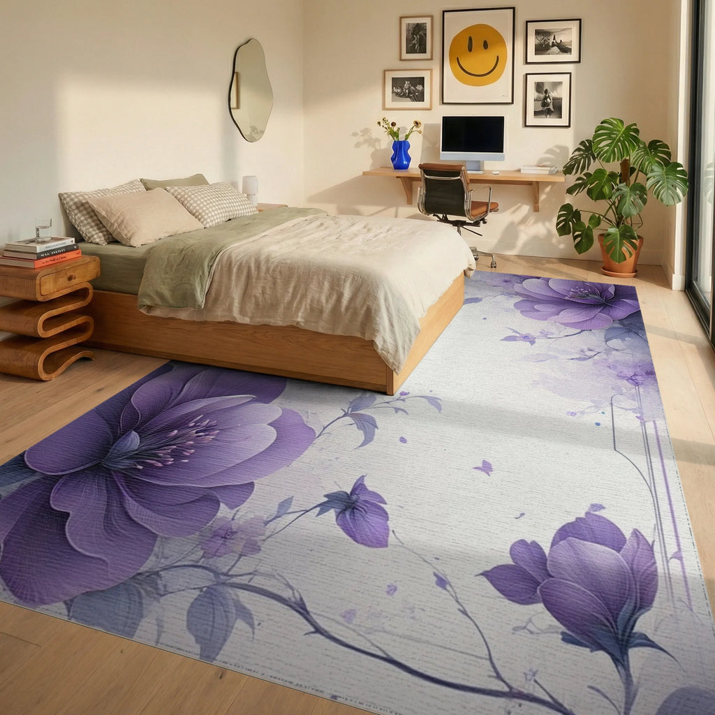 Purple Watercolor Floral Splash Rug - Bedroom View