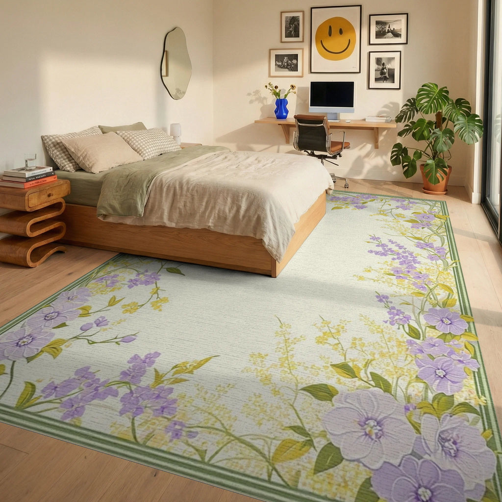 Purple Yellow Floral Garden Border Design Rug Bedroom View