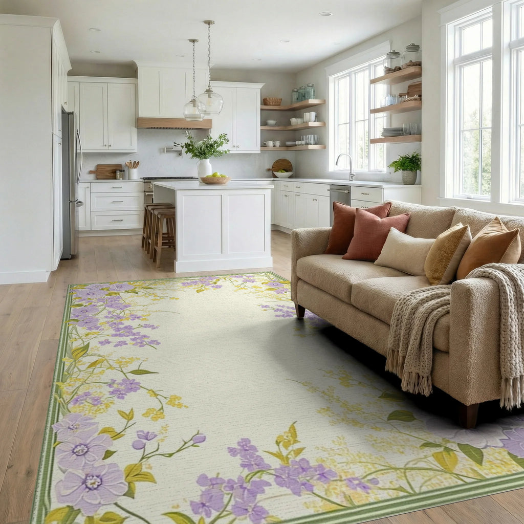 Purple Yellow Floral Garden Border Design Rug Living Room View