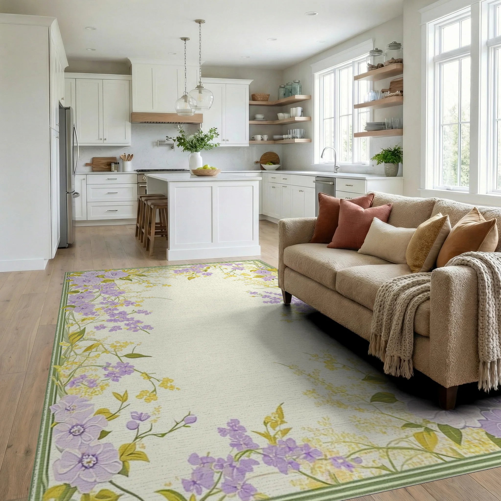 Purple Yellow Floral Garden Border Design Rug Living Room View
