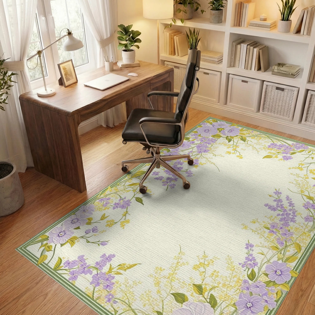 Purple Yellow Floral Garden Border Design Rug Office View