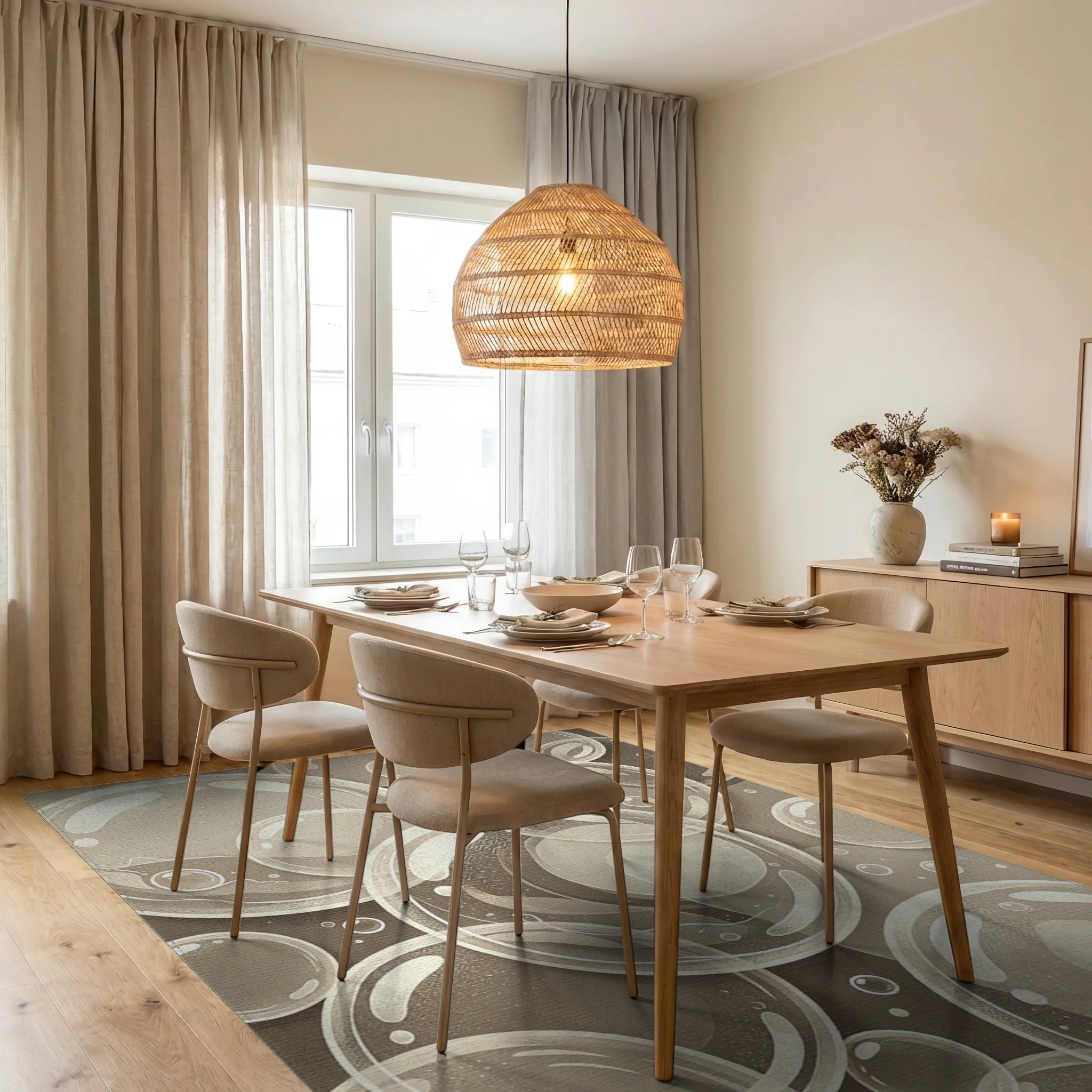 Radiant Bubble Cluster Cream Rug Dining Room View
