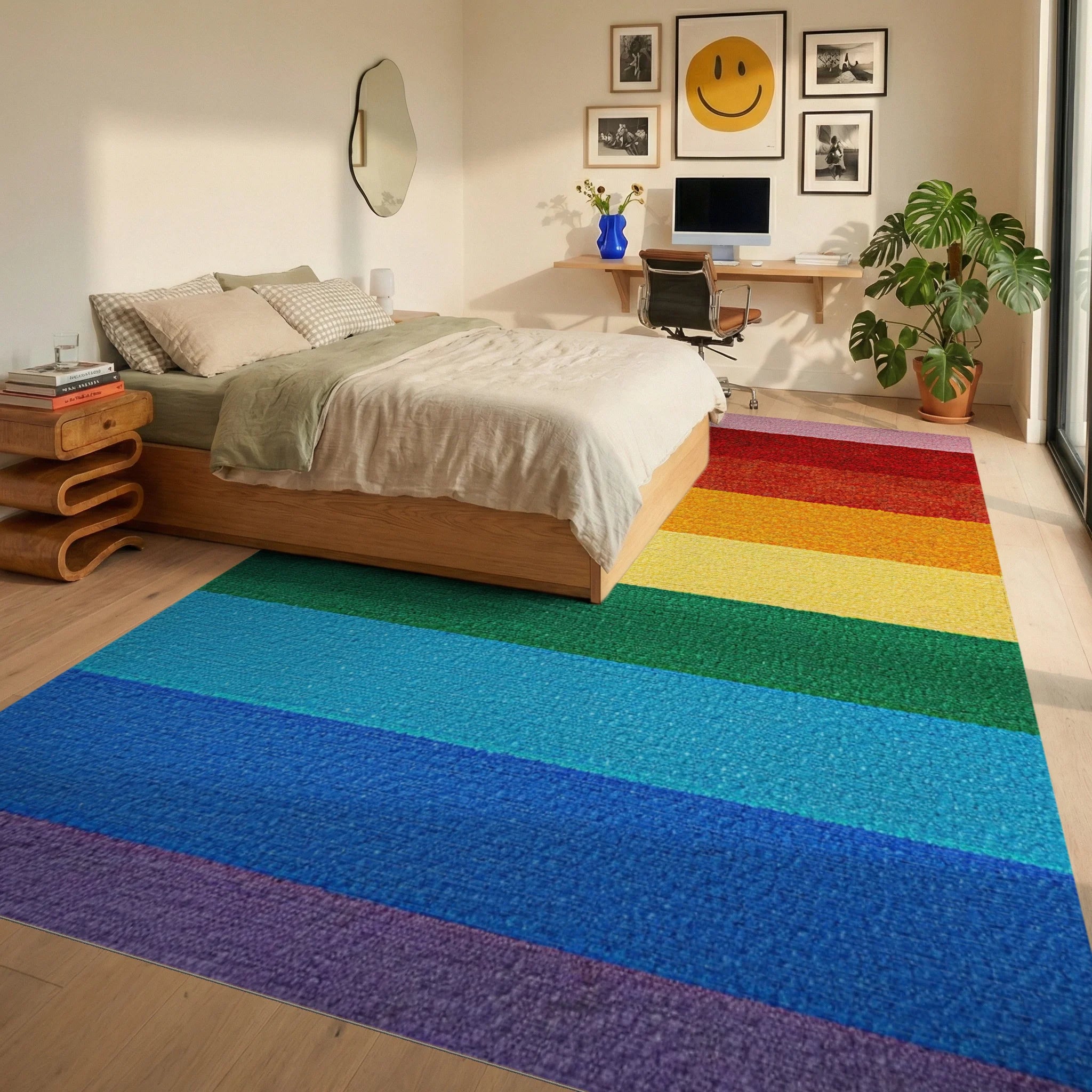 Rainbow Stripes Textured Rug - Bedroom View