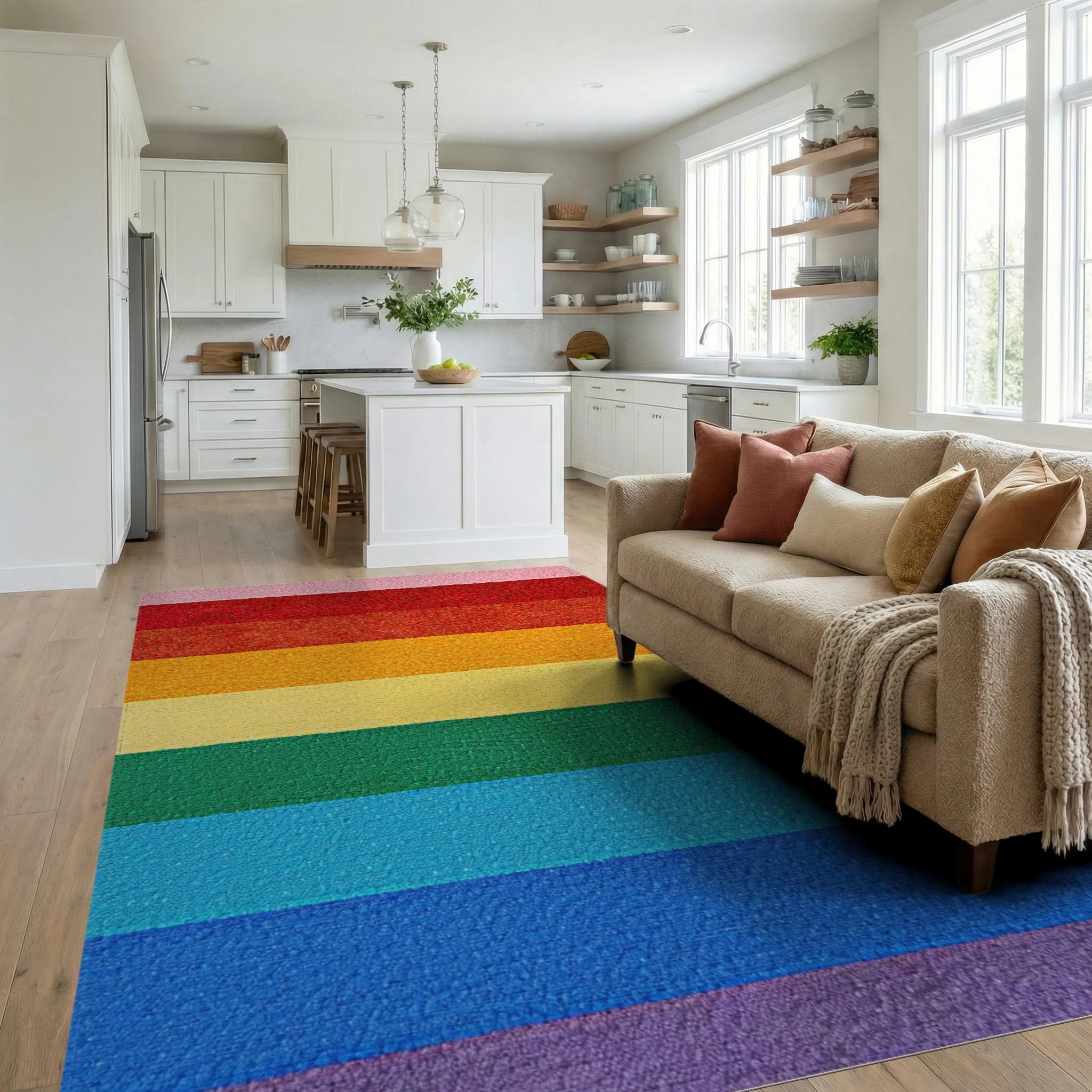 Rainbow Stripes Textured Rug - Living Room View
