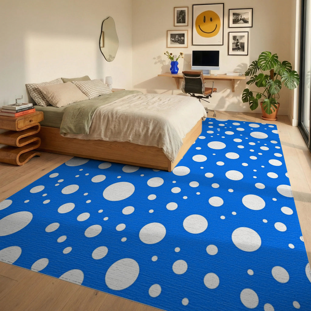 Random White Circles Blue Pattern Rug Bedroom View