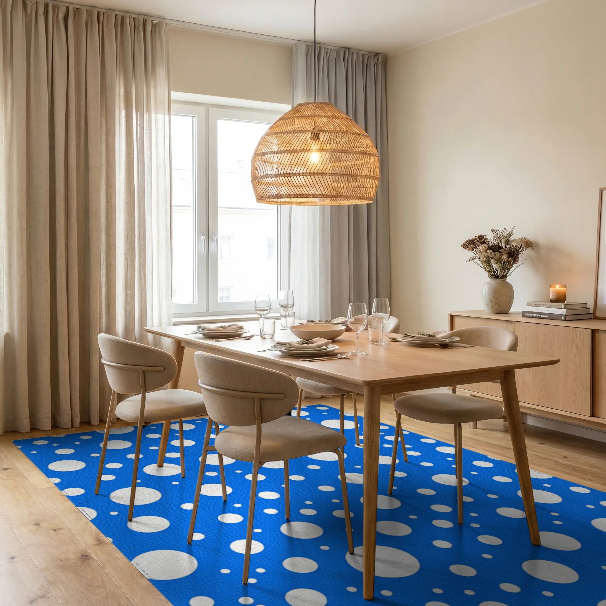 Random White Circles Blue Pattern Rug Dining Room View
