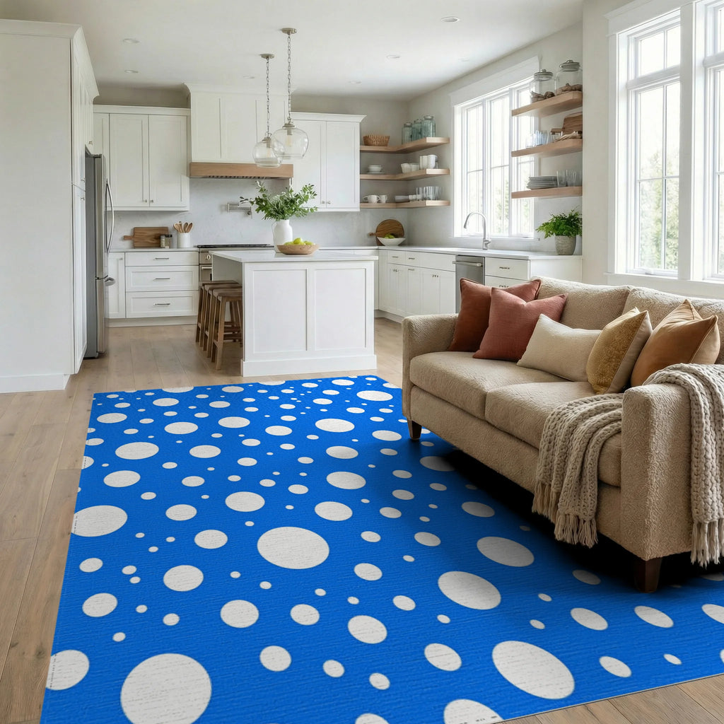Random White Circles Blue Pattern Rug Living Room View