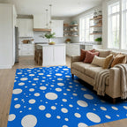Random White Circles Blue Pattern Rug Living Room View