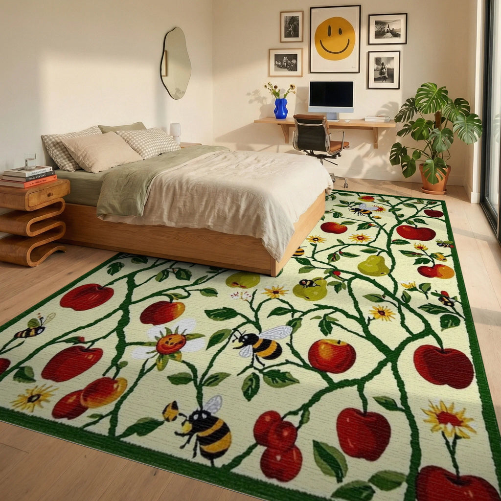 Red Apples Pears Bees Garden Vines Rug - Bedroom View