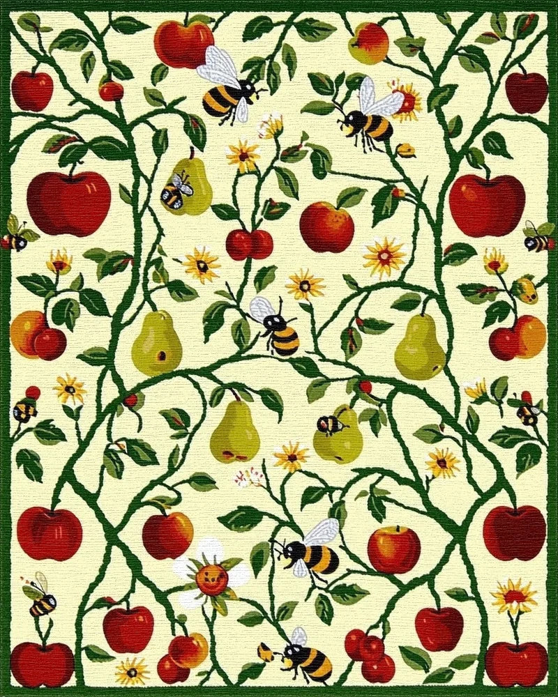 Red Apples Pears Bees Garden Vines Rug - Cutout View
