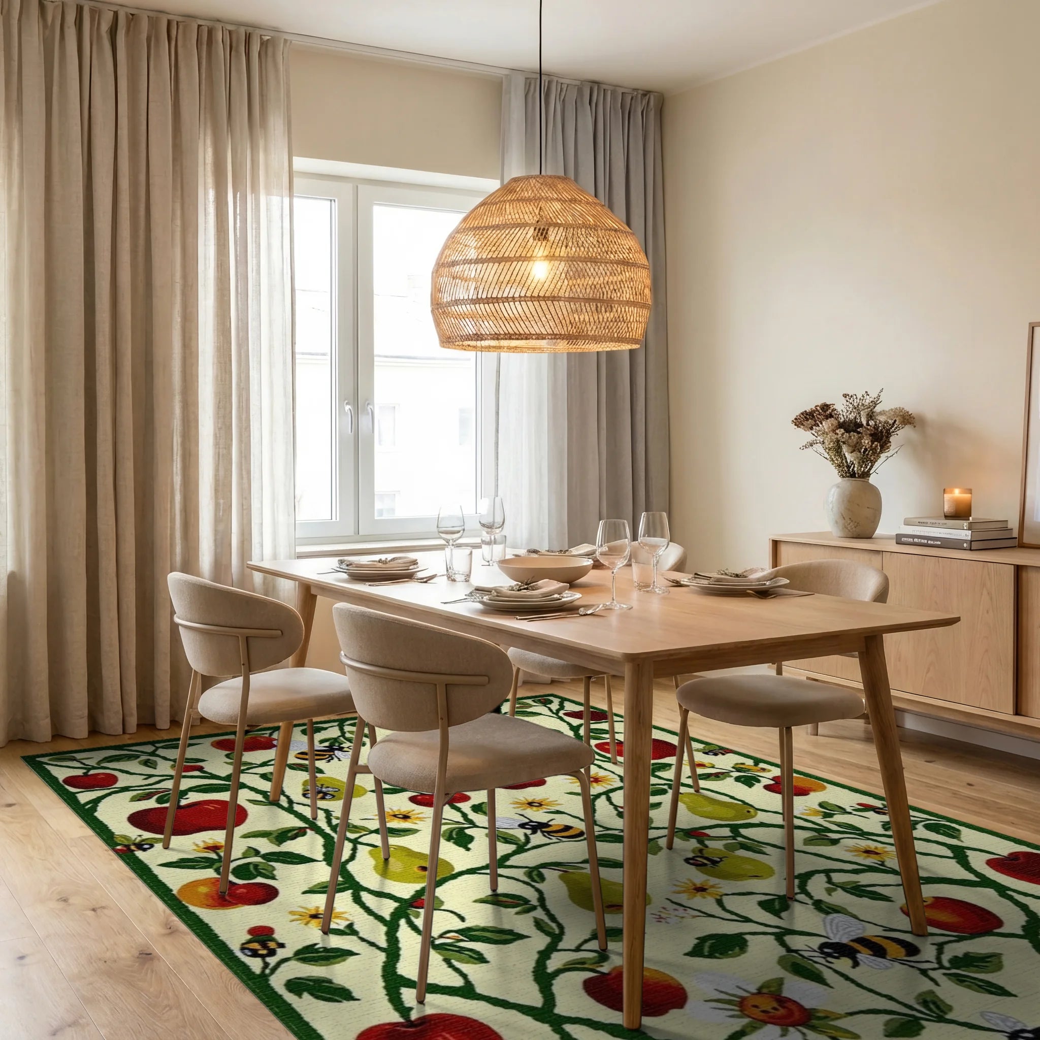 Red Apples Pears Bees Garden Vines Rug - Dining Room View