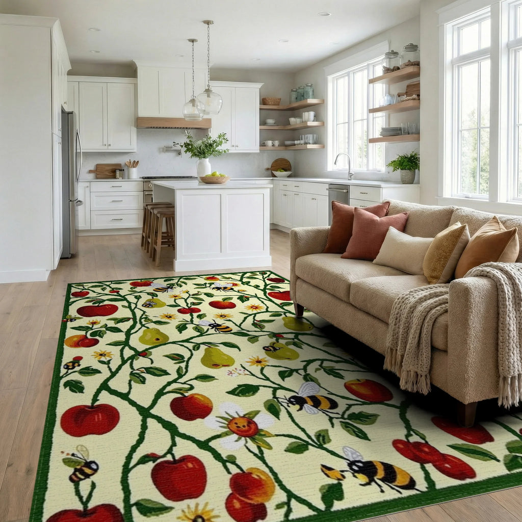 Red Apples Pears Bees Garden Vines Rug - Living Room View