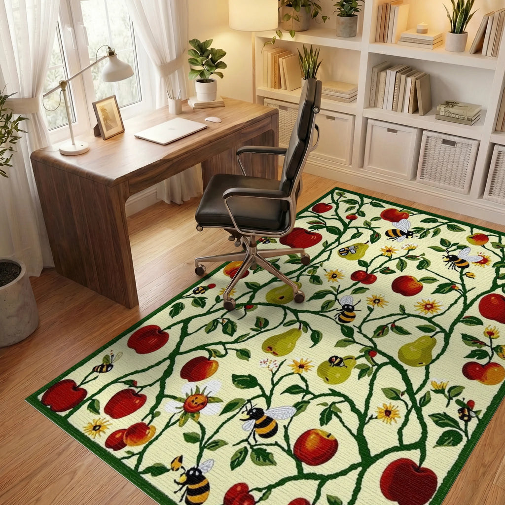 Red Apples Pears Bees Garden Vines Rug - Office View