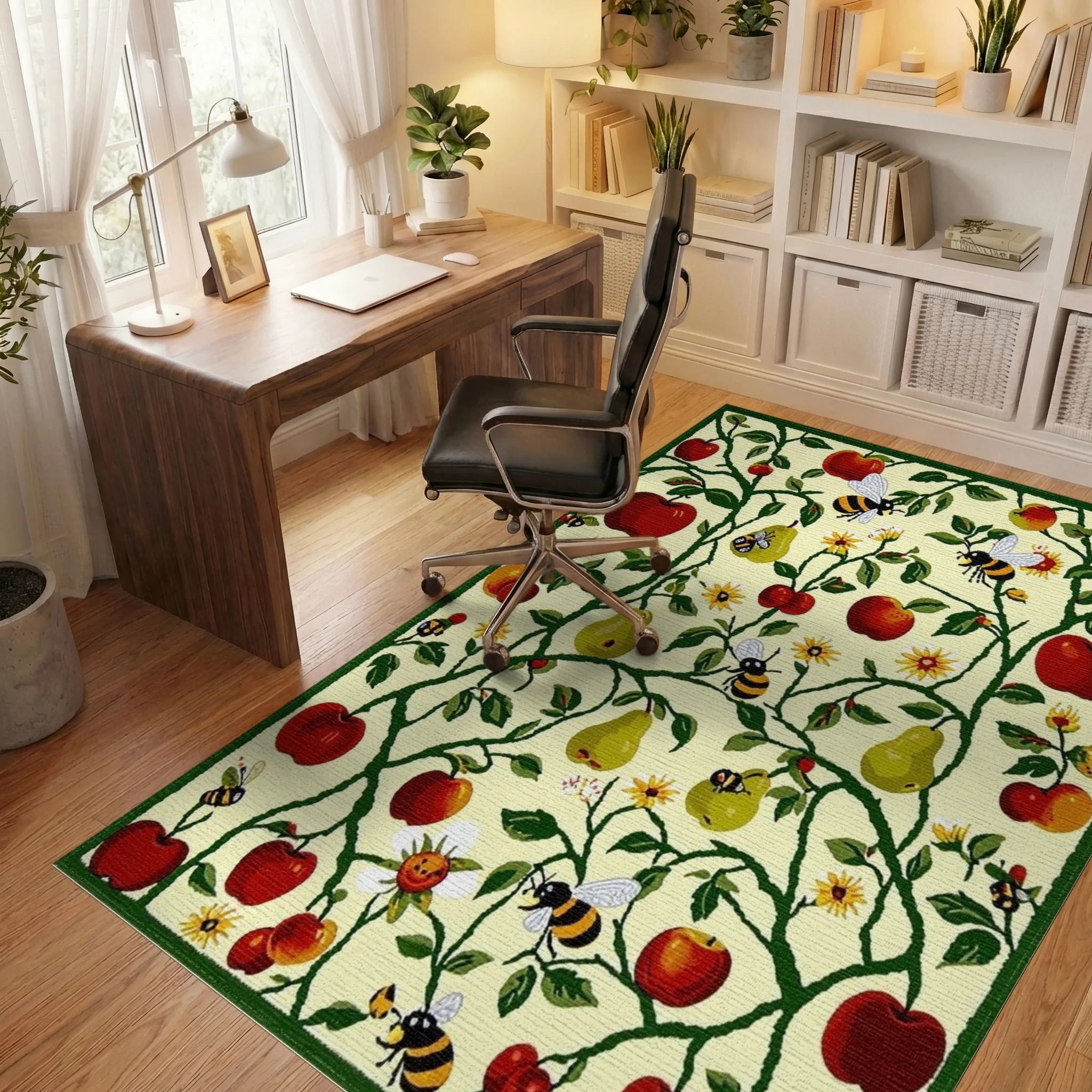 Red Apples Pears Bees Garden Vines Rug - Office View