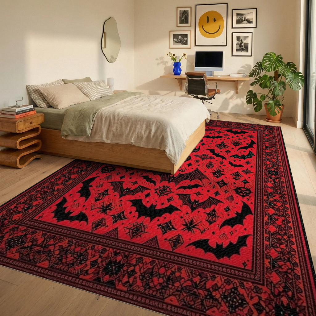 Red Black Bat Moon Gothic Rug - Bedroom View