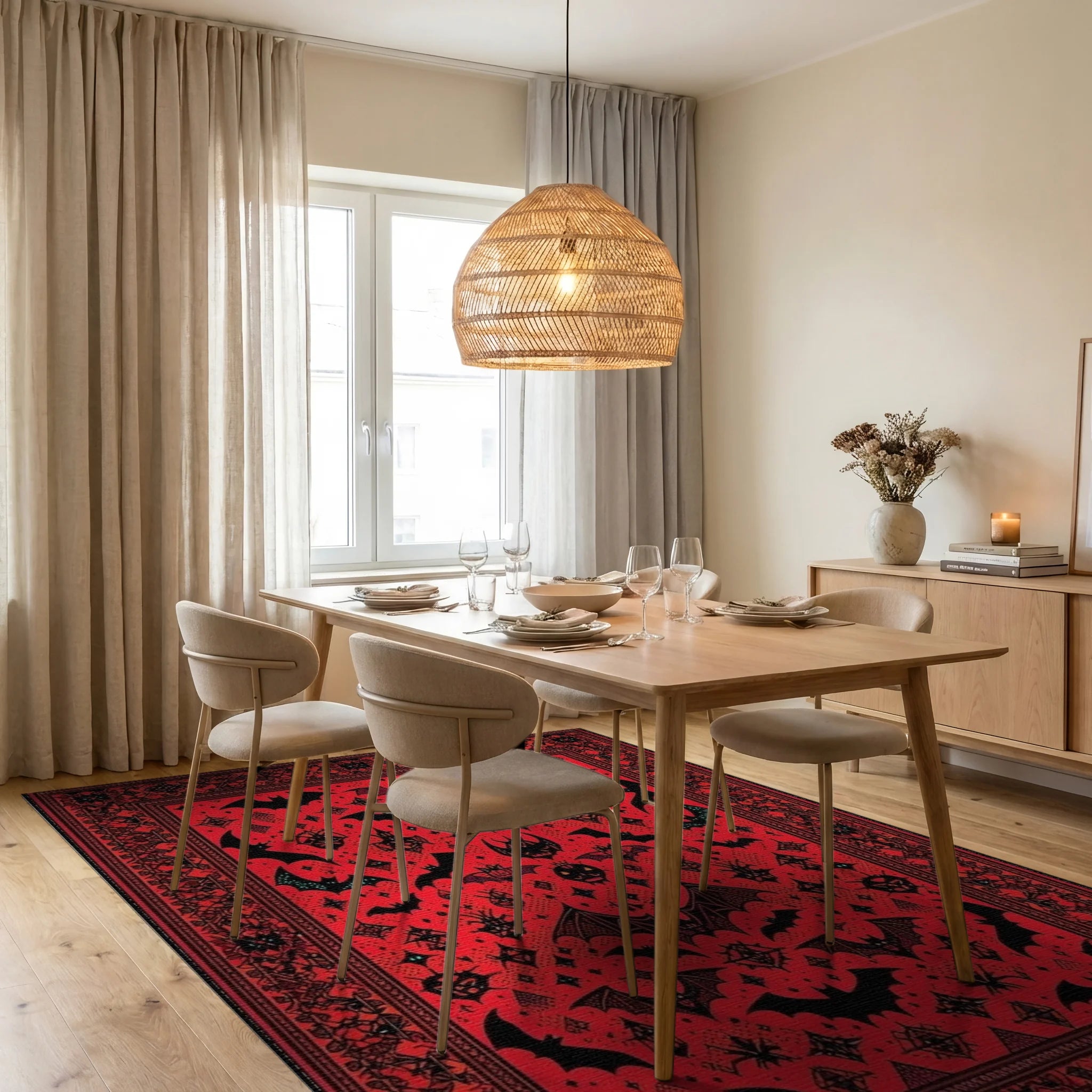 Red Black Bat Moon Gothic Rug - Dining Room View