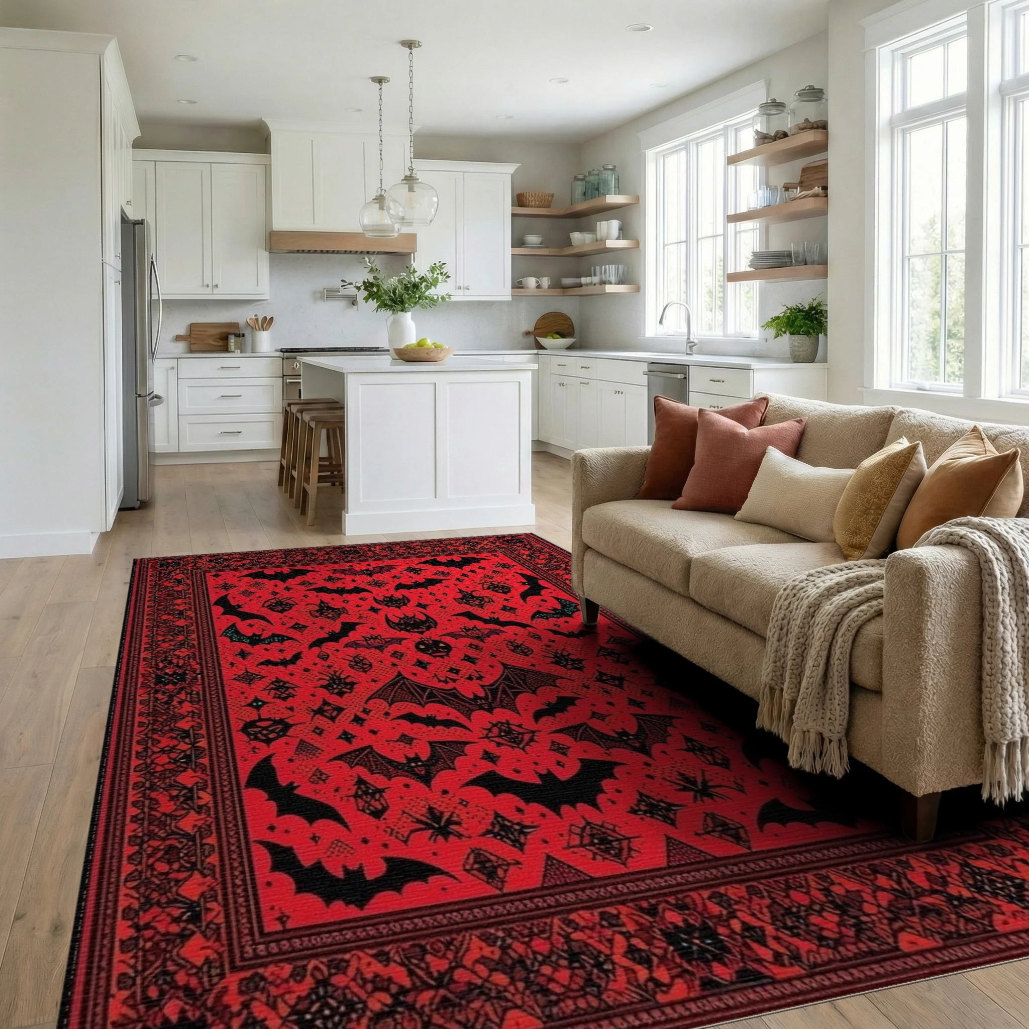 Red Black Bat Moon Gothic Rug - Living Room View