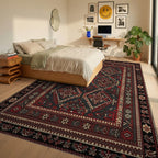 Red Black Geometric Diamond Medallion Rug - Bedroom View