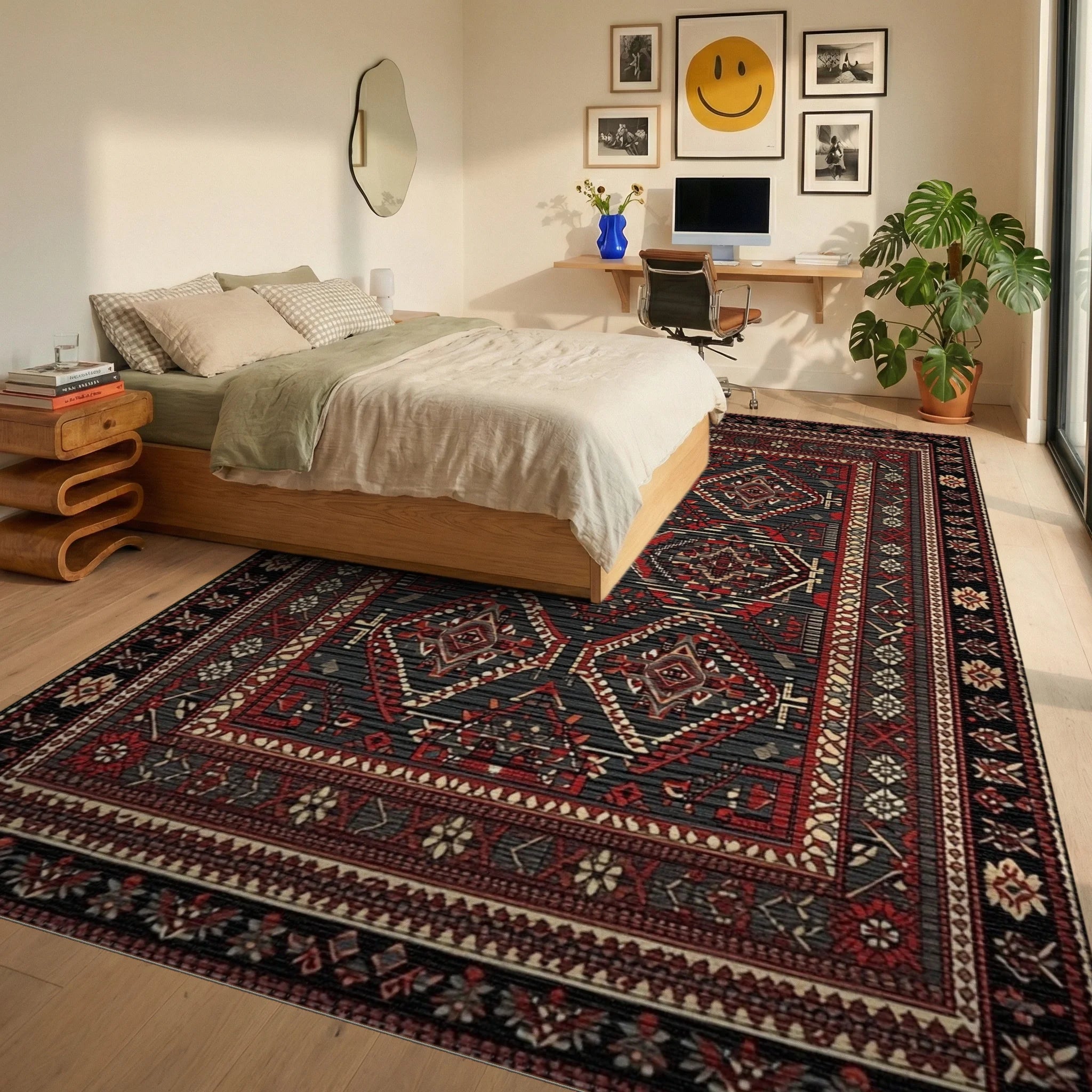Red Black Geometric Diamond Medallion Rug - Bedroom View