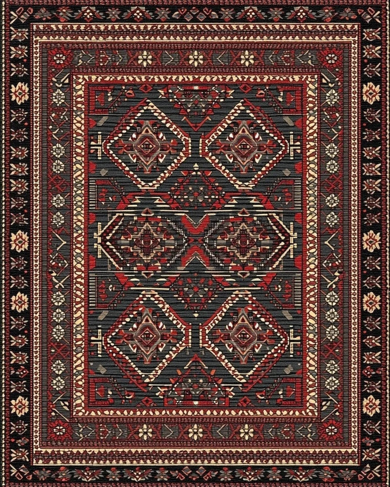 Red Black Geometric Diamond Medallion Rug - Cutout View