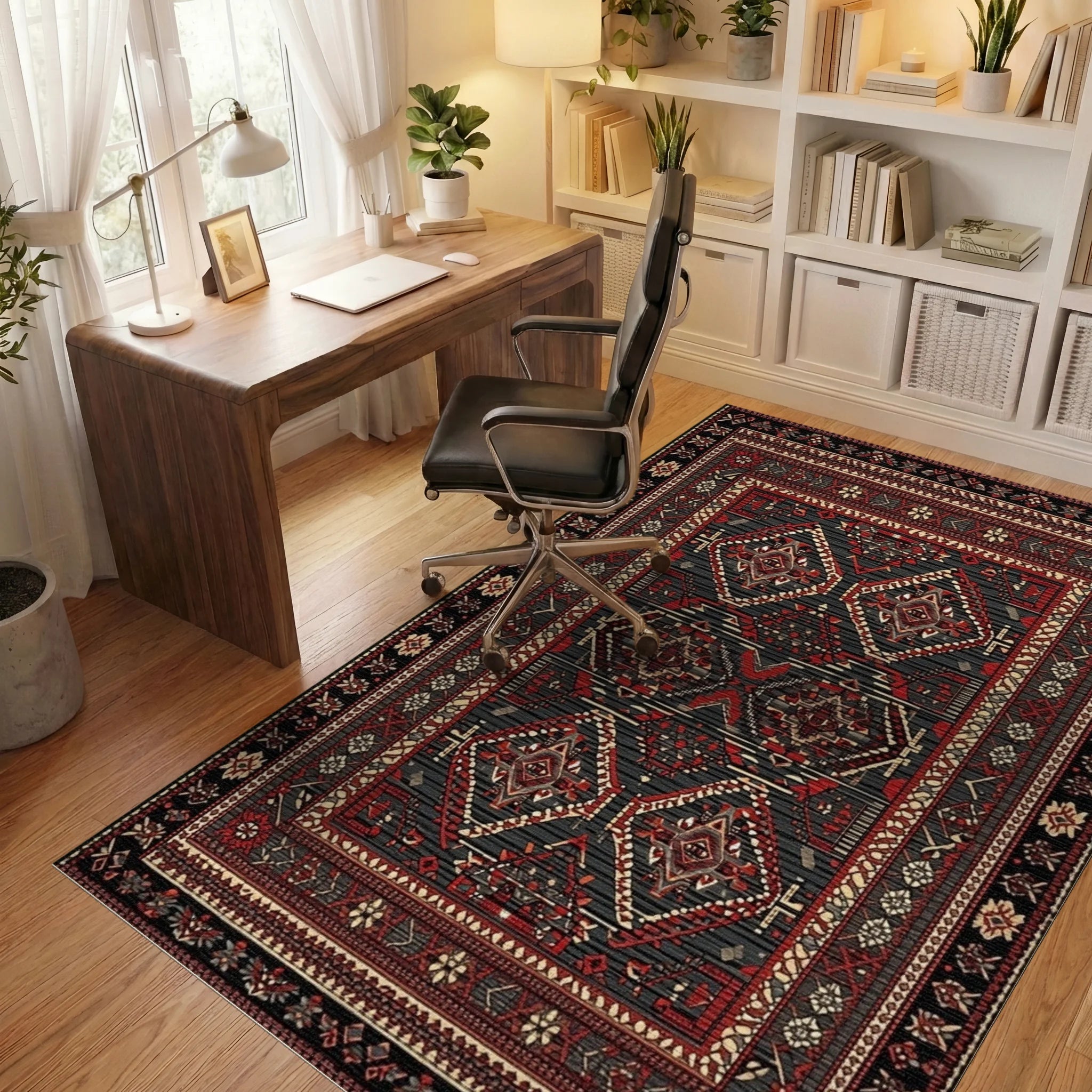 Red Black Geometric Diamond Medallion Rug - Office View