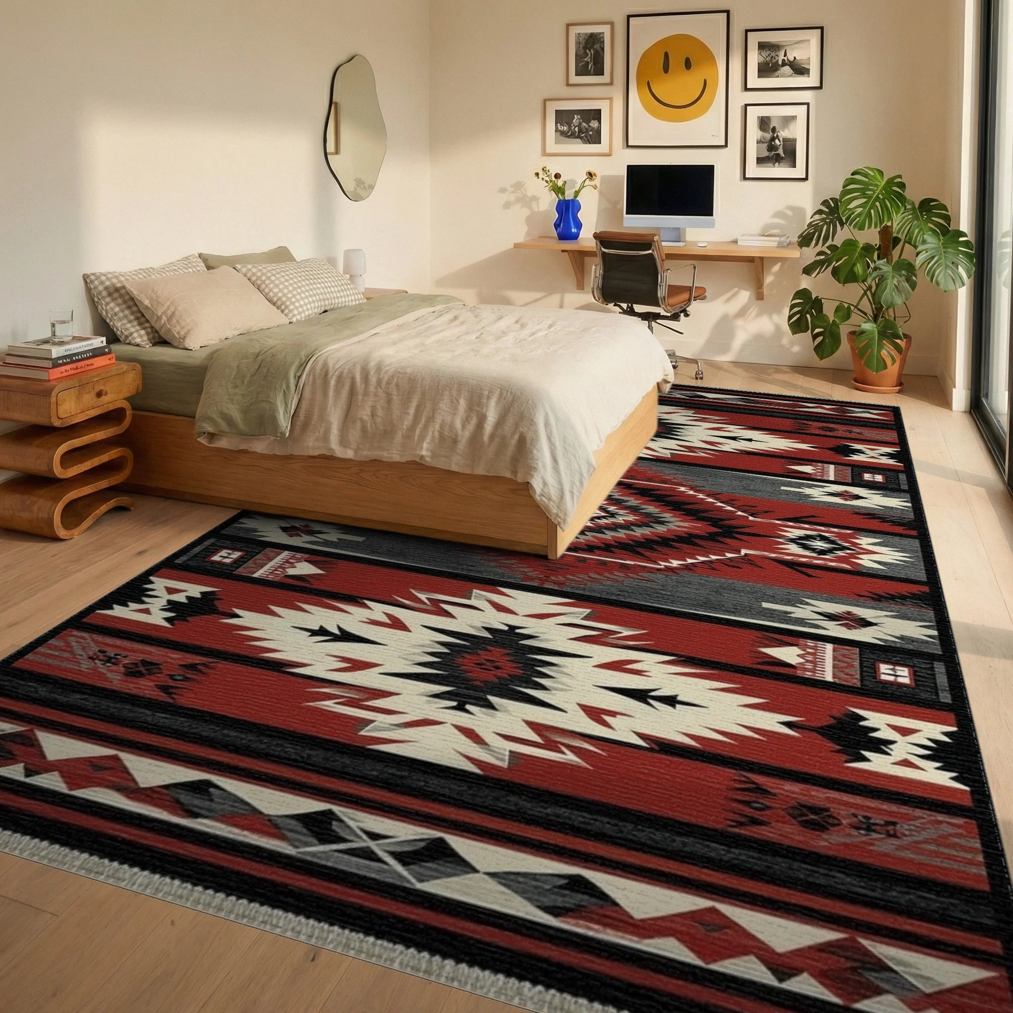 Red Black Geometric Diamond Native Rug - Bedroom View