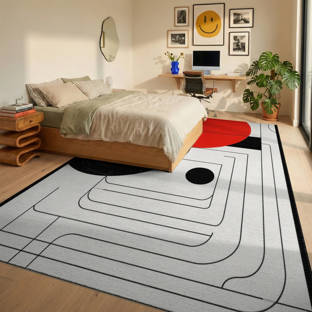 Red Black Geometric Music Notes Rug - Bedroom View