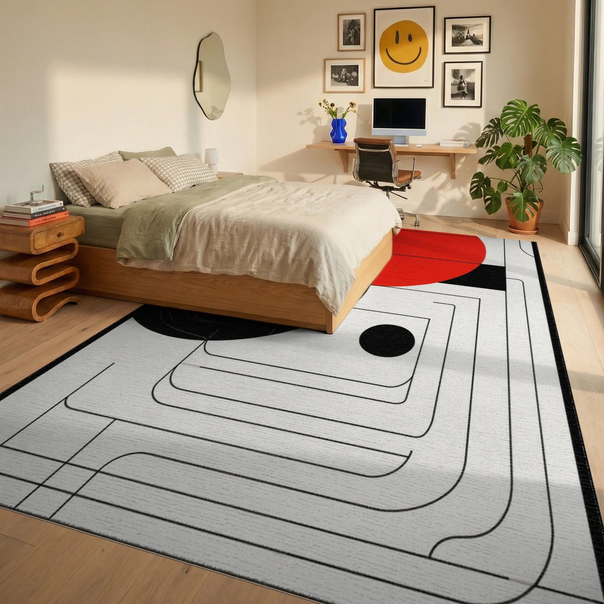 Red Black Geometric Music Notes Rug - Bedroom View