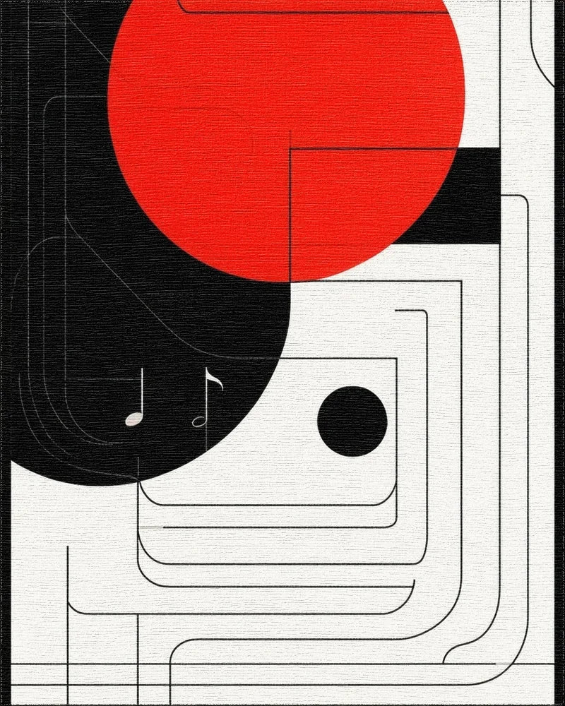 Red Black Geometric Music Notes Rug - Cutout View