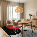 Red Black Geometric Music Notes Rug - Dining Room View