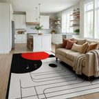 Red Black Geometric Music Notes Rug - Living Room View