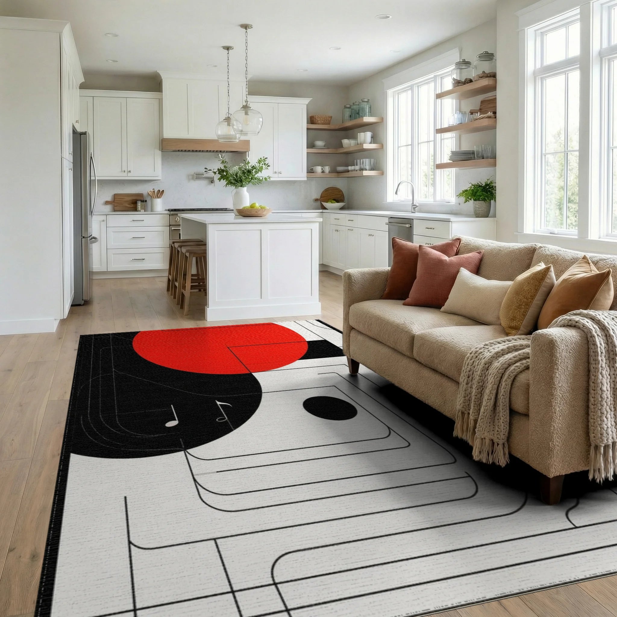 Red Black Geometric Music Notes Rug - Living Room View