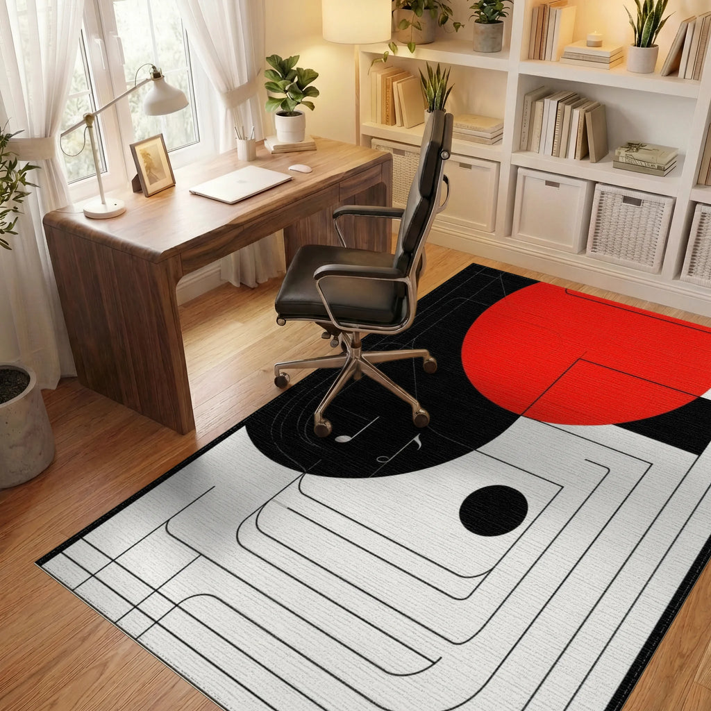 Red Black Geometric Music Notes Rug - Office View