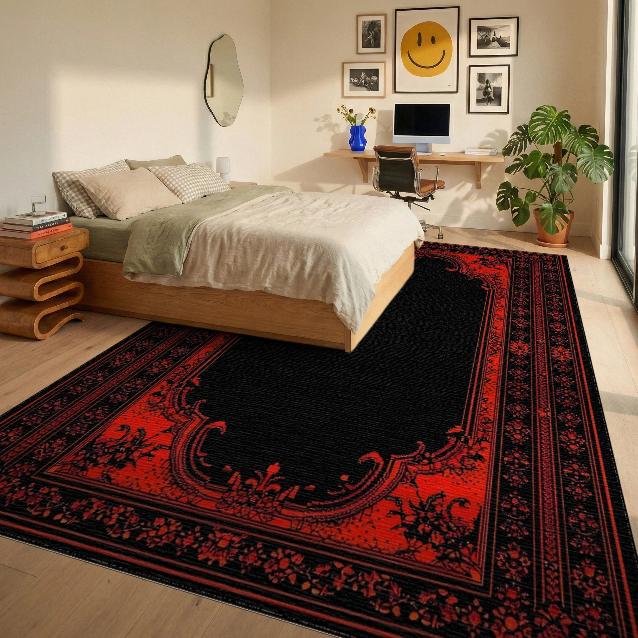 Red Black Ornate Arched Floral Rug - Bedroom View