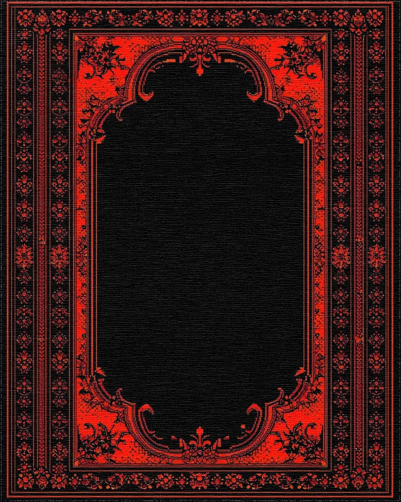 Red Black Ornate Arched Floral Rug - Cutout View