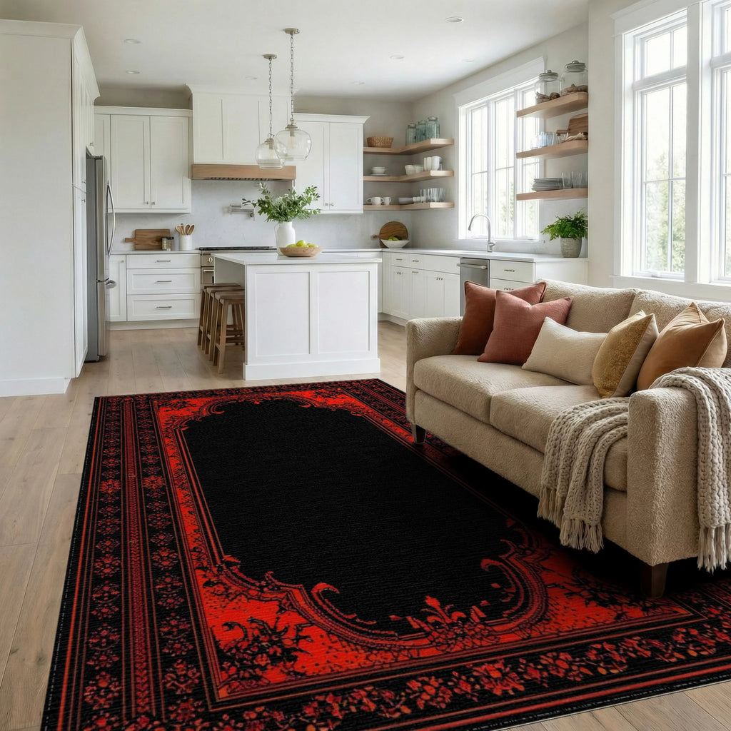 Red Black Ornate Arched Floral Rug - Living Room View