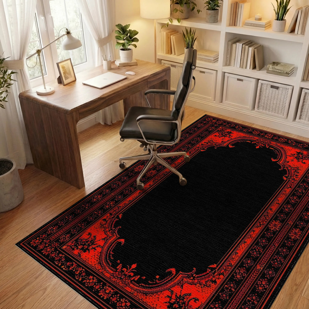 Red Black Ornate Arched Floral Rug - Office View