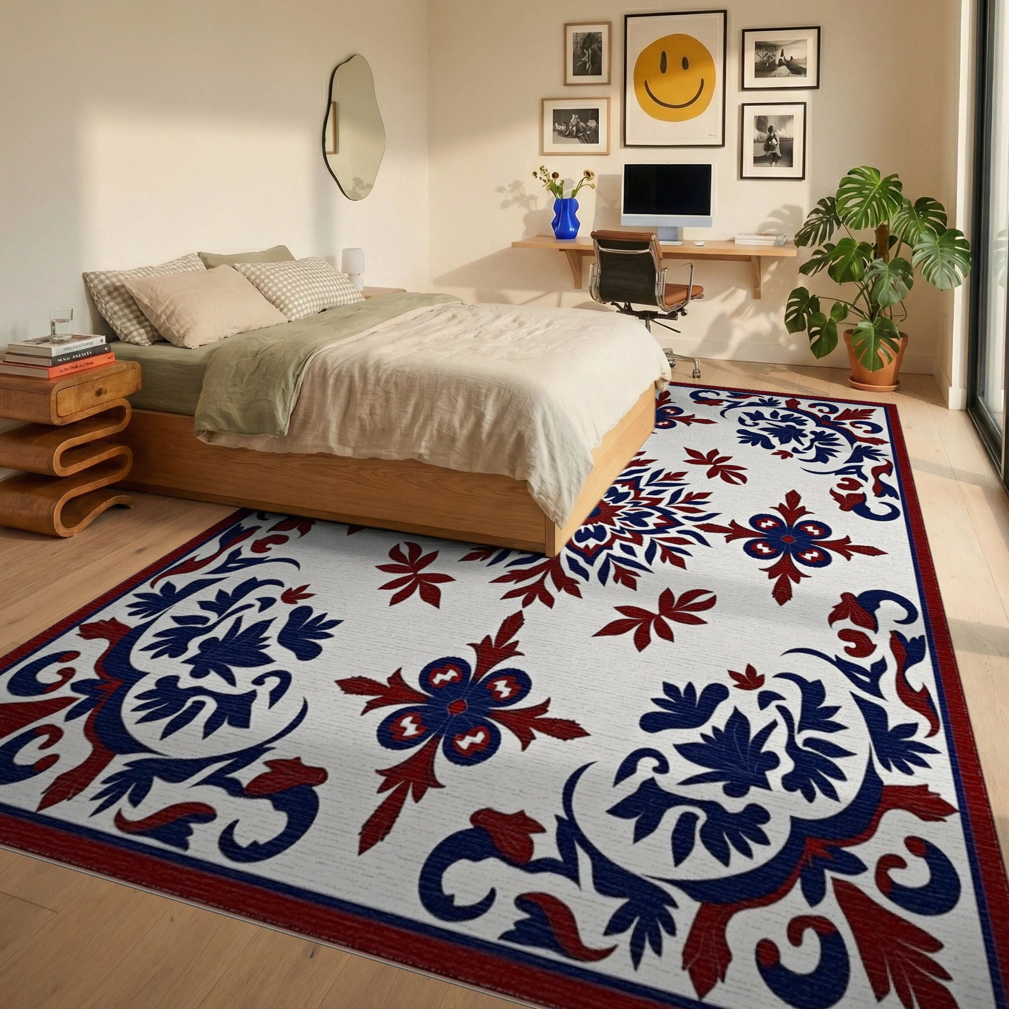 Red Blue Floral Symmetry Pattern Rug Bedroom View